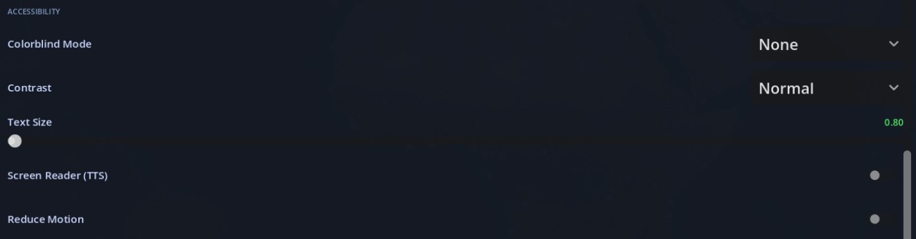 Accessibility settings showing colorblind mode and contrast options