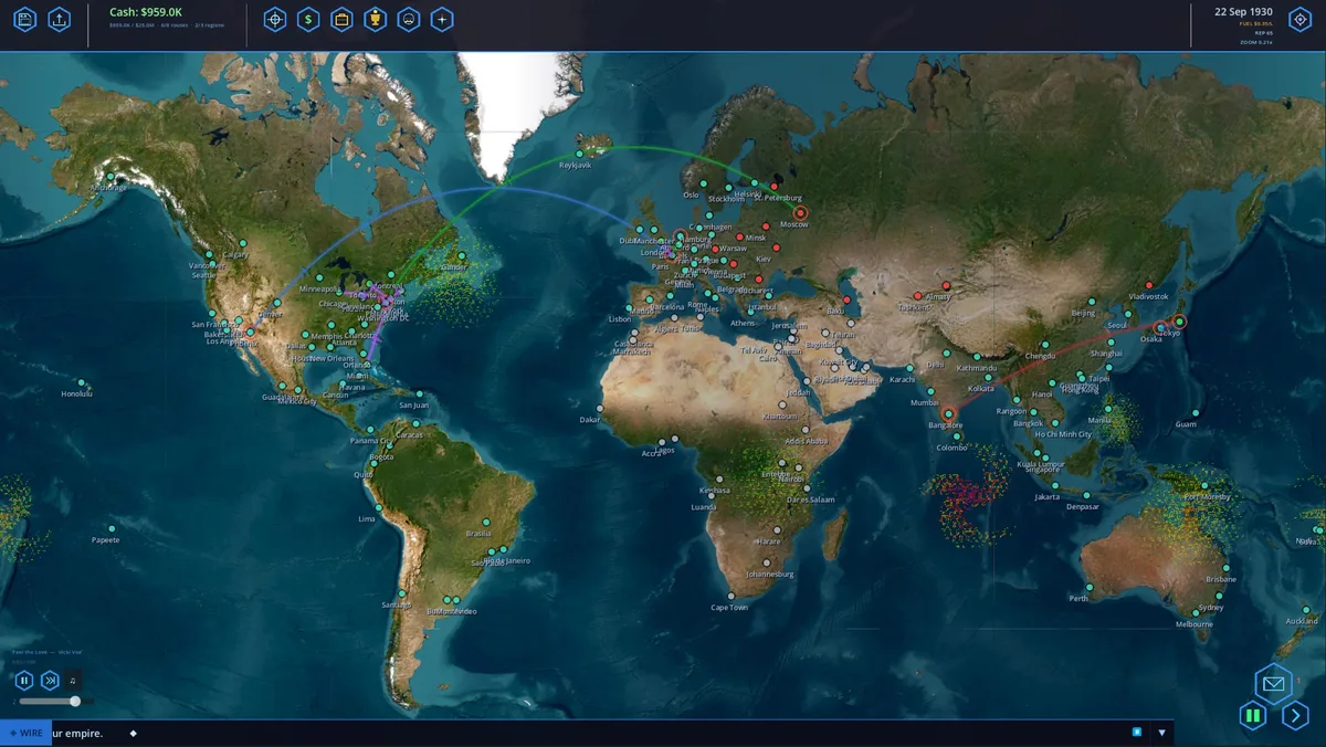 The world map at night — neon route lines crisscross the globe while aircraft sprites trace great circle paths between cities