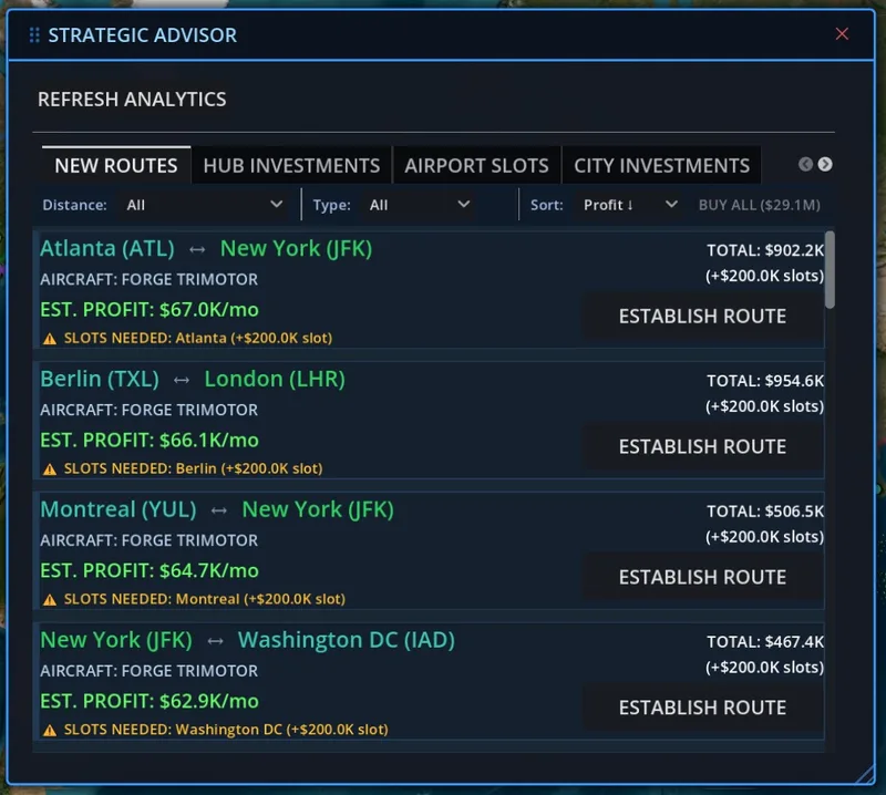 The Strategic Advisor panel showing recommended routes ranked by projected profit