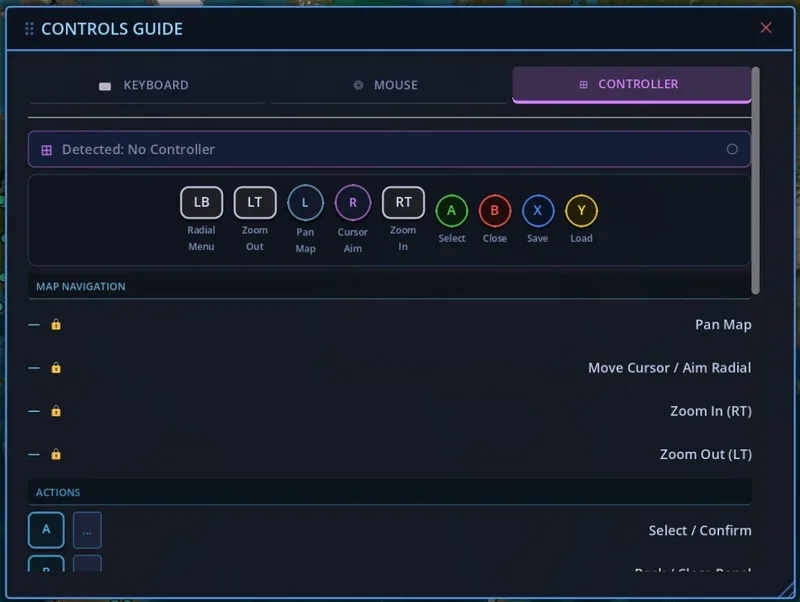 Controller input guide showing all gamepad button mappings