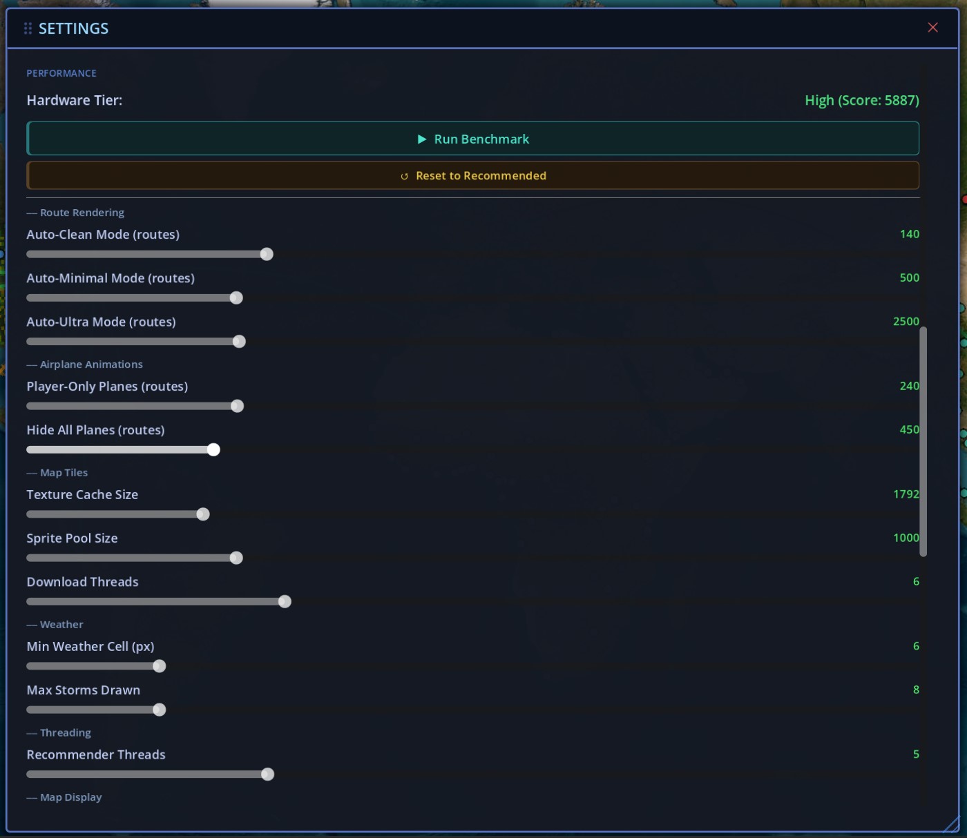 The performance benchmark panel showing hardware tier and tuned settings