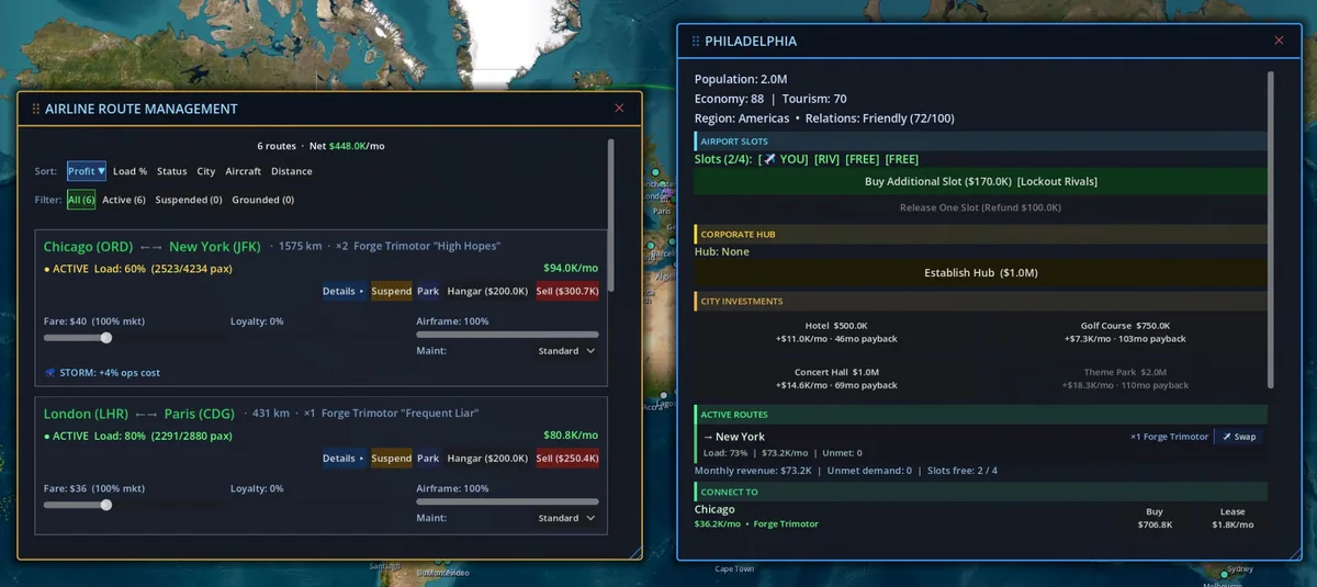 Multiple draggable windows open — Route Manager, City Panel, and Strategic Advisor arranged on the map